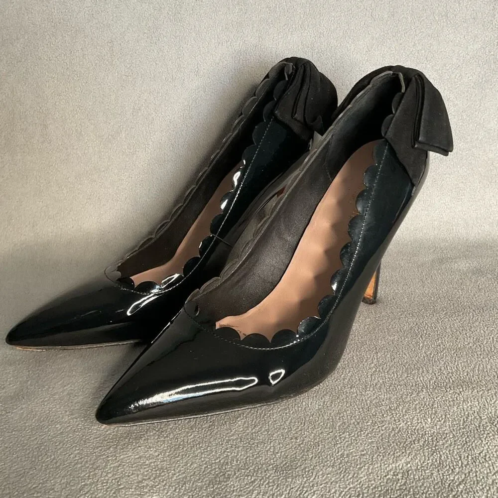 Kate Spade Pointed Heels Maxine Black Patent Leather Scallops Bows Stilettos 10M